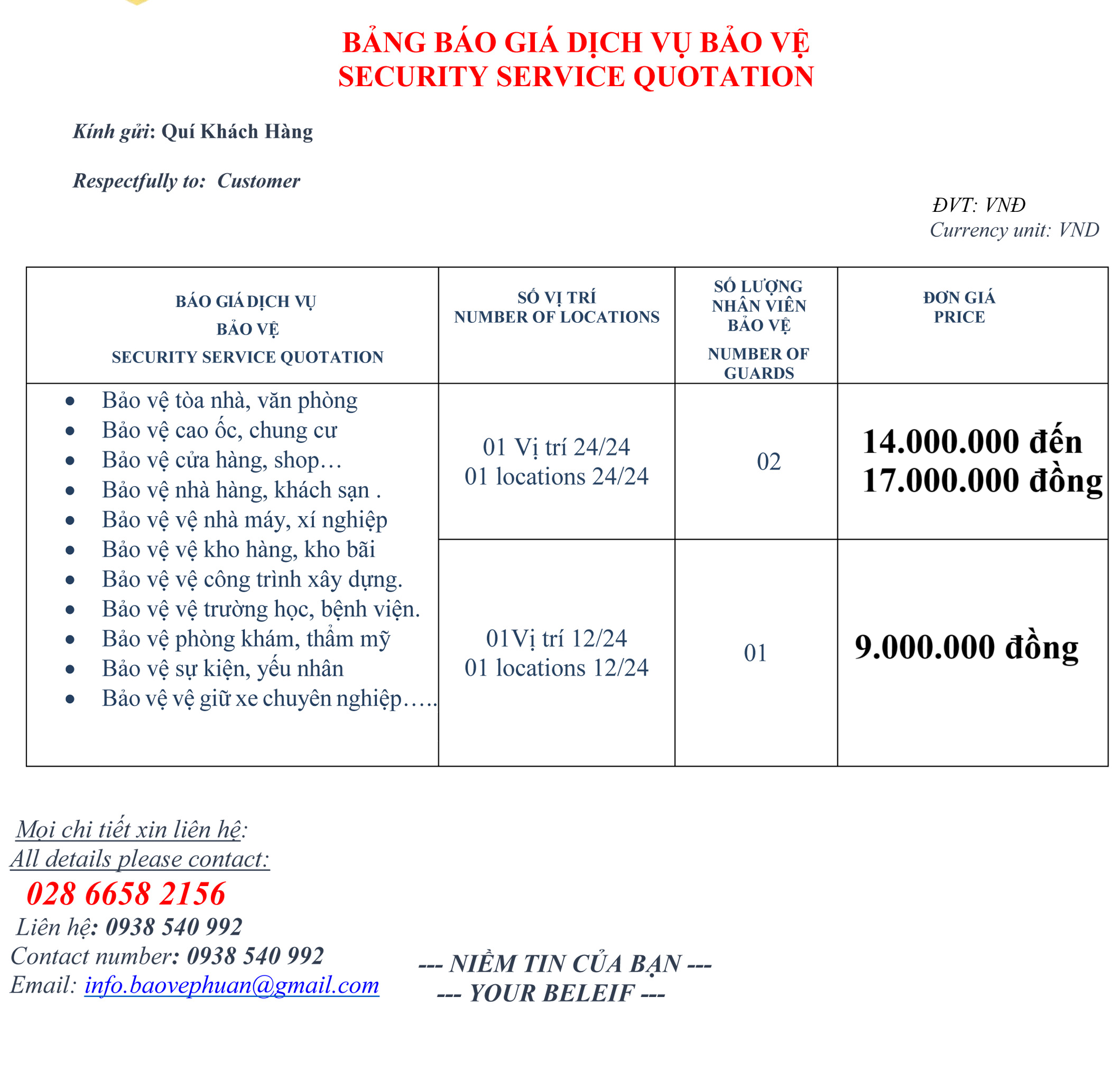 BÁO GIÁ DỊCH VỤ BẢO VỆ TẠI TP. HỒ CHÍ MINH